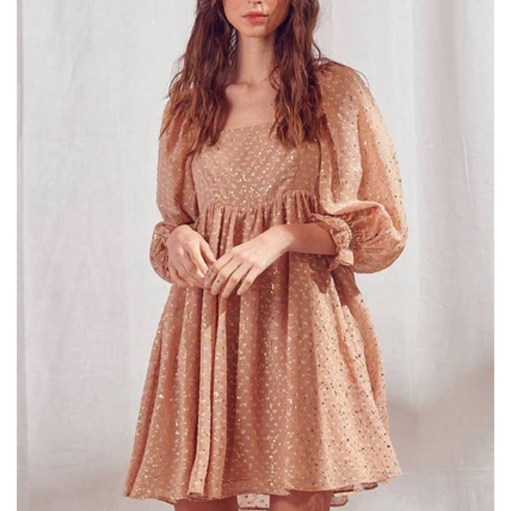 Storia Gold Flaked Embroidered Dots Baby Doll Mini Dress size Med New